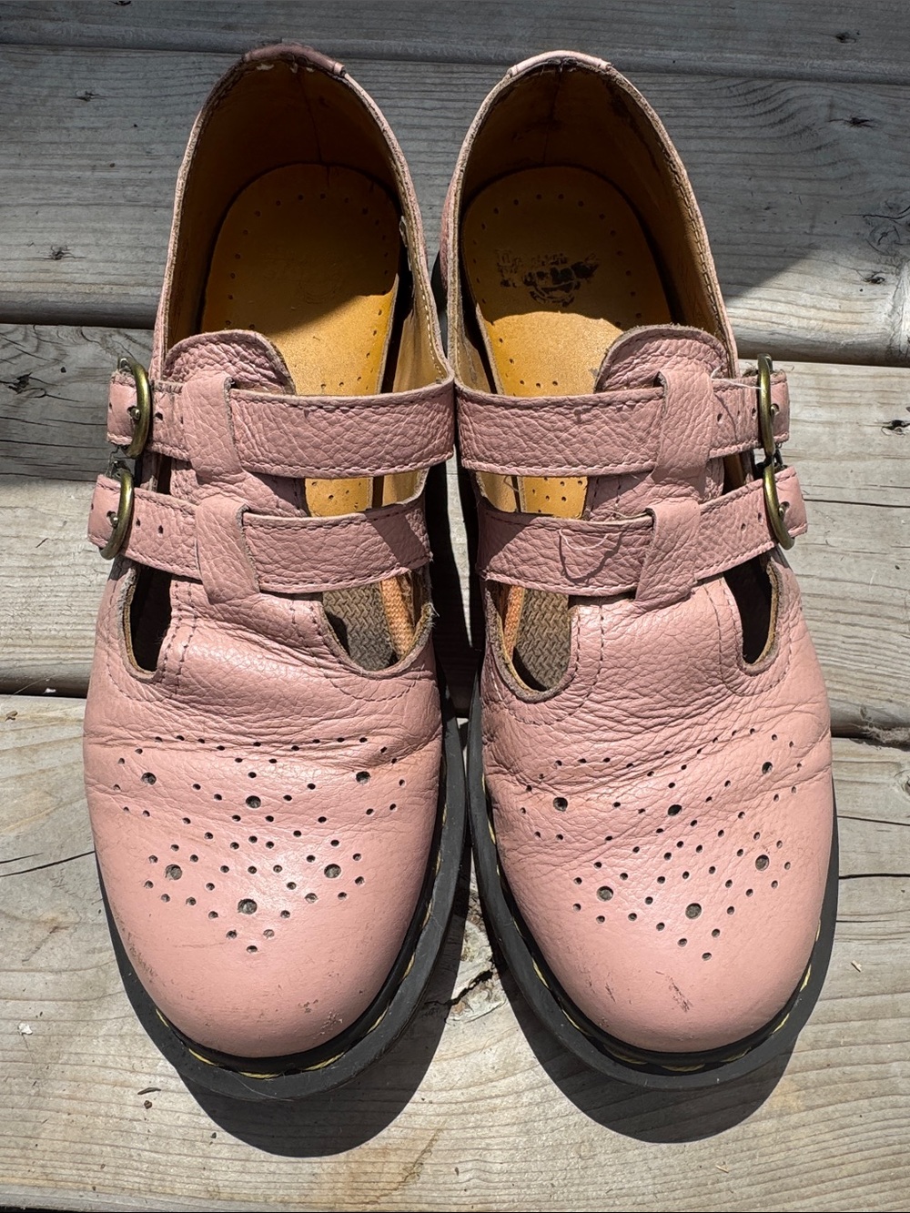 Dr Martens Pink Double-Strap Perforated Leather Mary Jane Shoes - well loved!